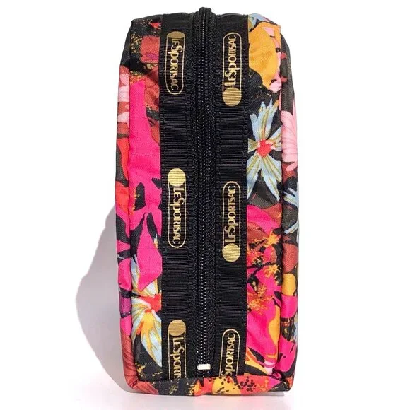 LeSportsac Rectangular Cosmetic Case black pink floral print travel domed zip - Picture 3 of 13